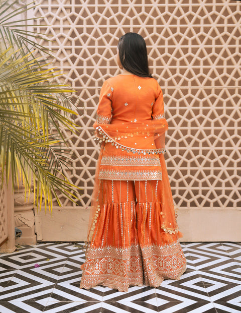 Pre Order : Orange Mirror Embroidered Kurti Sharara Set