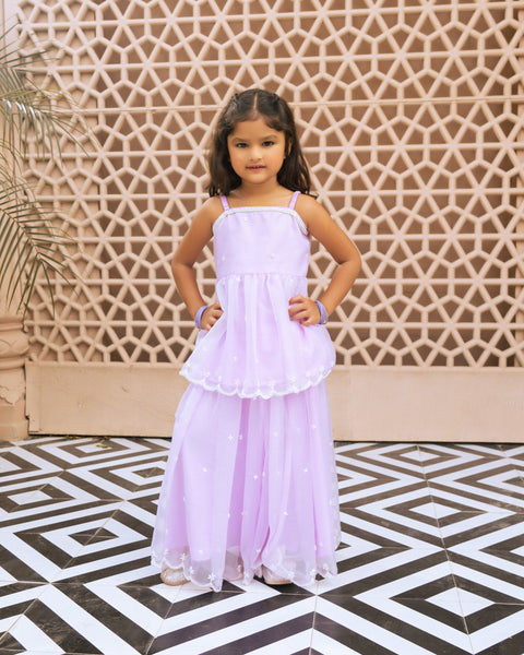 Pre Order : Lilac Embroidered Organza Kurti with Skirt