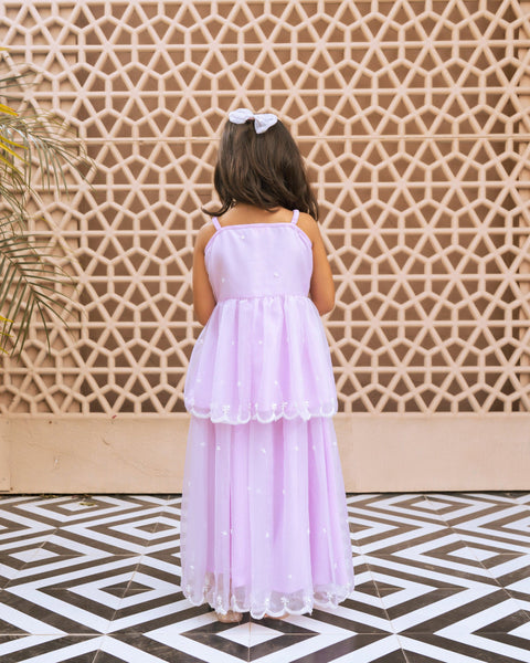 Pre Order : Lilac Embroidered Organza Kurti with Skirt