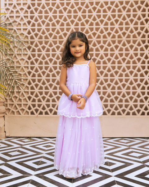 Pre Order : Lilac Embroidered Organza Kurti with Skirt