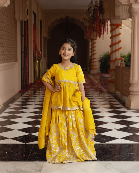 Pre Order : Yellow Embroidered Kurti Lehenga Set
