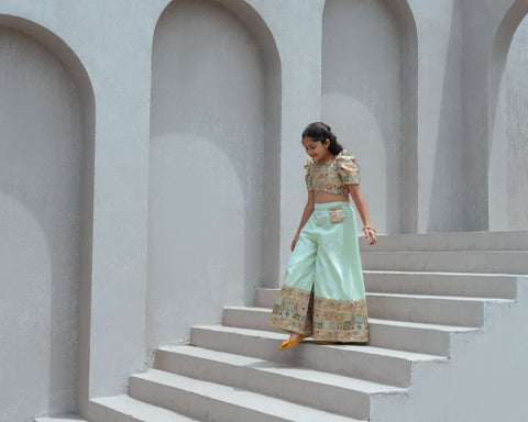 Pre Order : Pista Green Embroidered Crop Top with Palazzo