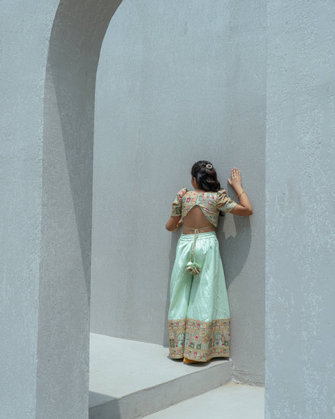 Pre Order : Pista Green Embroidered Crop Top with Palazzo