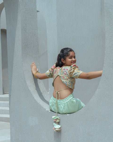 Pre Order : Pista Green Embroidered Crop Top with Palazzo