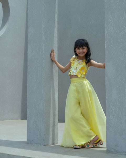 Pre Order : Yellow 3D Flower Top with Organza Palazzo