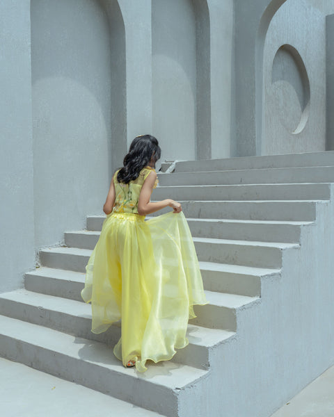 Pre Order : Yellow 3D Flower Top with Organza Palazzo