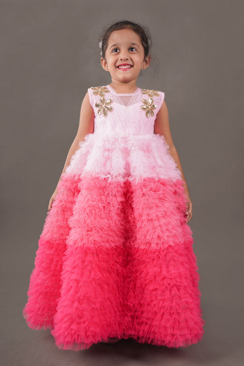 Pre Order: Pleated Yoke Floral Embroidered Ruffle Shaded Pink Gown