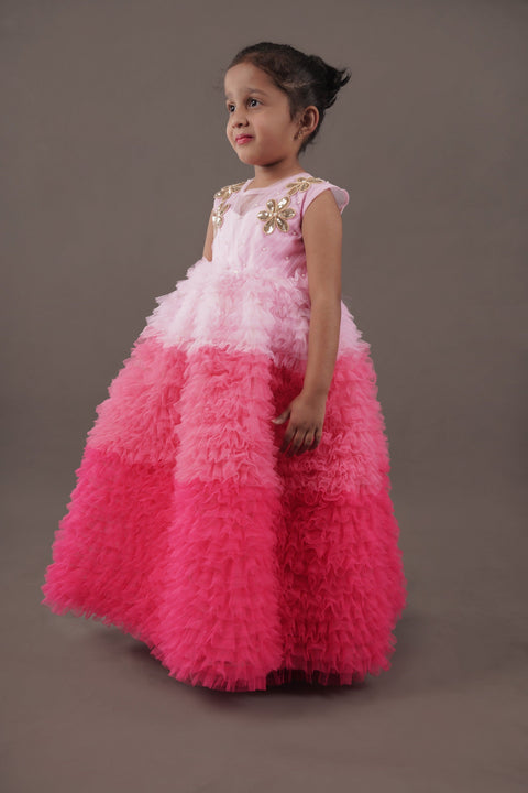 Pre Order: Pleated Yoke Floral Embroidered Ruffle Shaded Pink Gown