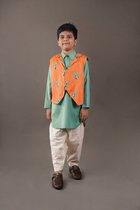 Pre-Order: Green Kurta with Dinosaur Printed Half Jacket Set