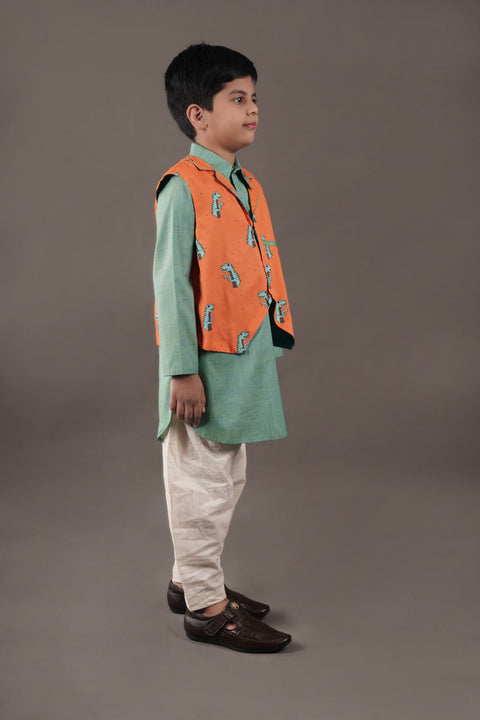 Pre-Order: Green Kurta with Dinosaur Printed Half Jacket Set