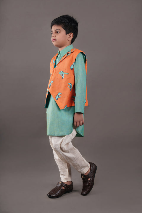 Pre-Order: Green Kurta with Dinosaur Printed Half Jacket Set