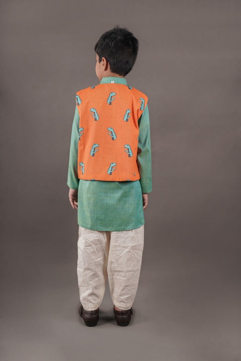 Pre-Order: Green Kurta with Dinosaur Printed Half Jacket Set