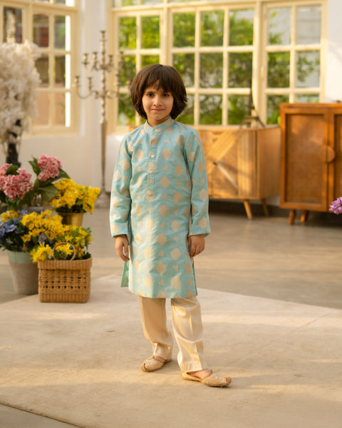 Pre Order : Blue Brocade Kurta with Pant set