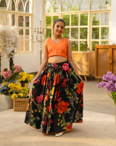 Pre Order : Orange Crop Top with Printed Skirt