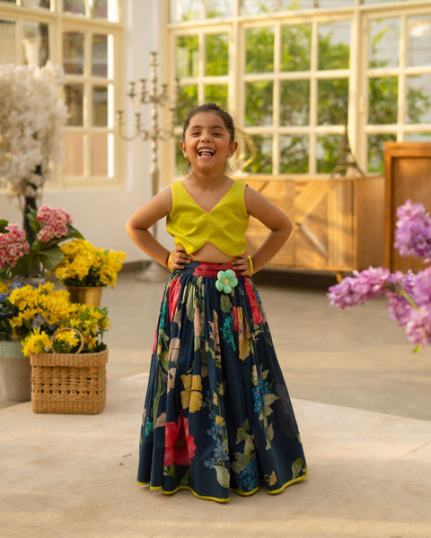 Pre Order : Green Crop Top with Printed Skirt