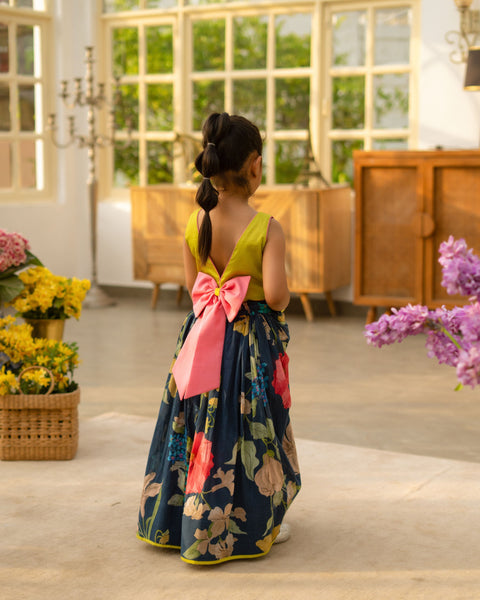 Pre Order : Green Crop Top with Printed Skirt