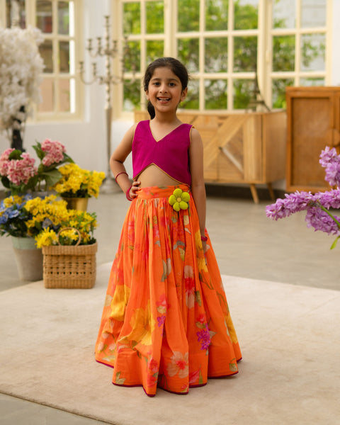 Pre Order : Purple Crop Top with Printed Skirt