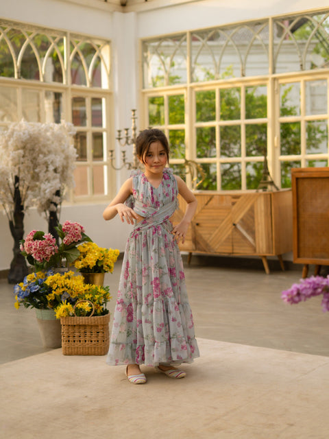 Pre Order : Green Floral Printed Long Dress