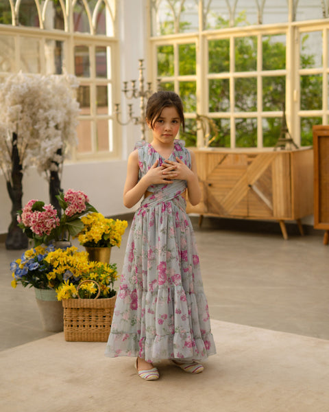 Pre Order : Green Floral Printed Long Dress