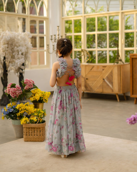 Pre Order : Green Floral Printed Long Dress