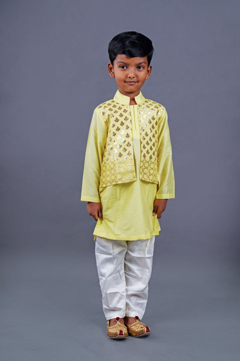 Pre-Order: Yellow Gold Printed Jacket Kurta Set