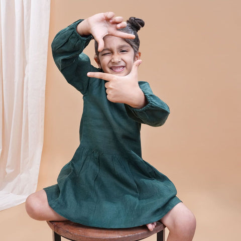 Pre-Order: Bottle Green  Pure Linen Full Sleeves Dress