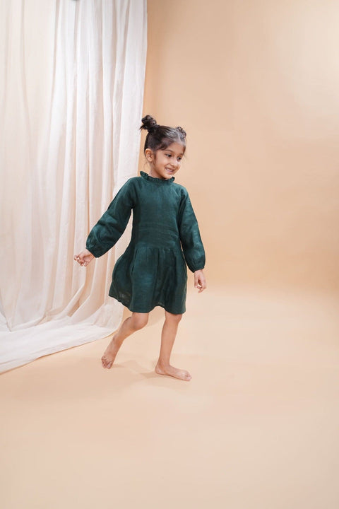 Pre-Order: Bottle Green  Pure Linen Full Sleeves Dress