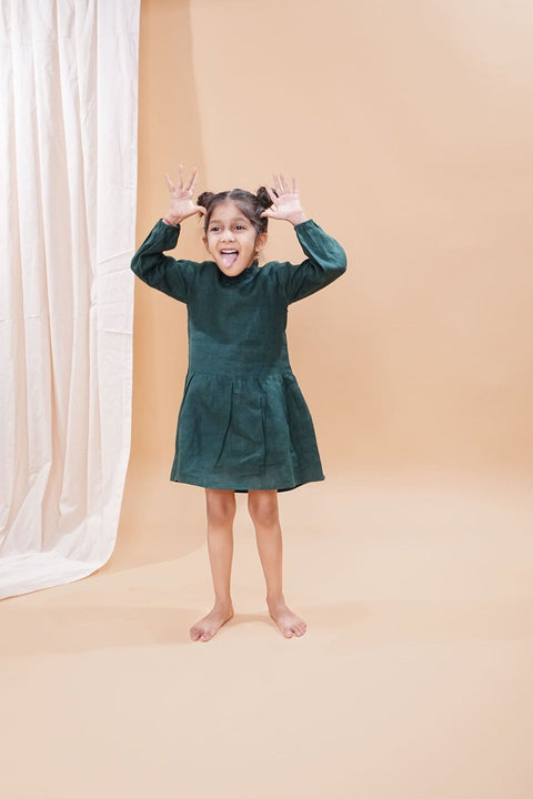 Pre-Order: Bottle Green  Pure Linen Full Sleeves Dress