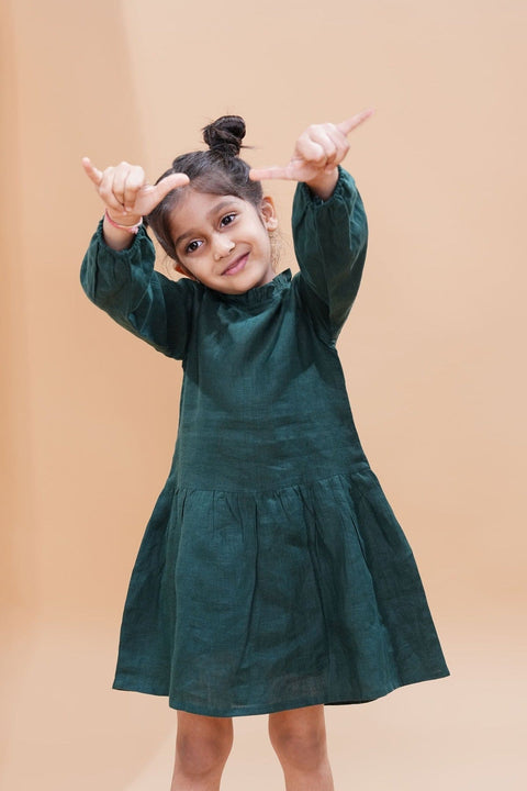 Pre-Order: Bottle Green  Pure Linen Full Sleeves Dress