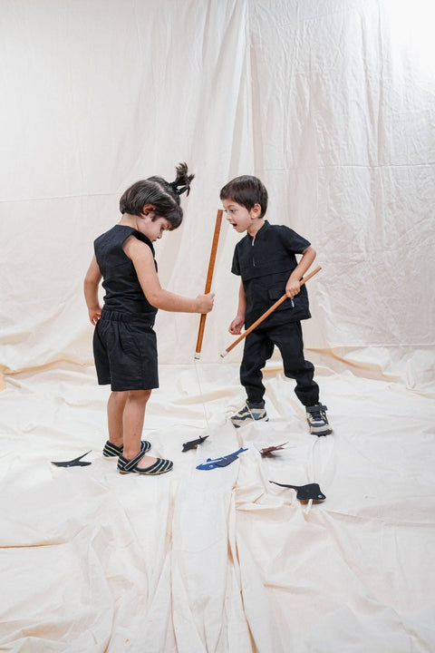 Pre-Order: Waist Coat with Skirt Styled Shorts - Black Colour, Cotton Linen