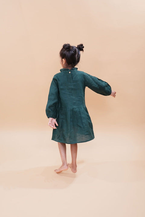Pre-Order: Bottle Green  Pure Linen Full Sleeves Dress