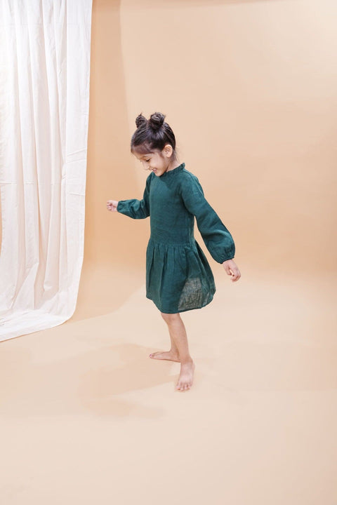 Pre-Order: Bottle Green  Pure Linen Full Sleeves Dress