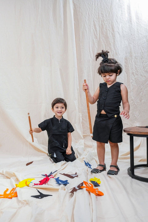 Pre-Order: Waist Coat with Skirt Styled Shorts - Black Colour, Cotton Linen