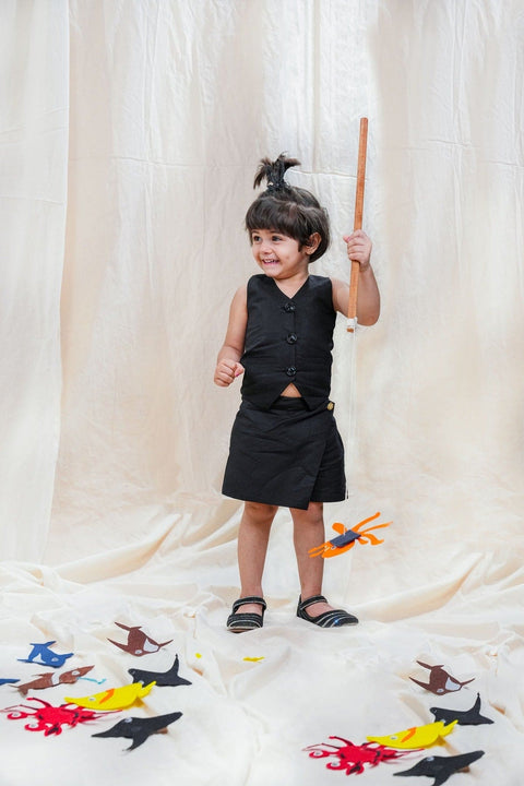 Pre-Order: Waist Coat with Skirt Styled Shorts - Black Colour, Cotton Linen