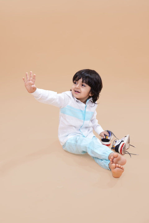 Pre-Order: Striped Pure Linen  Premium Co-ords -  White - Sky Blue