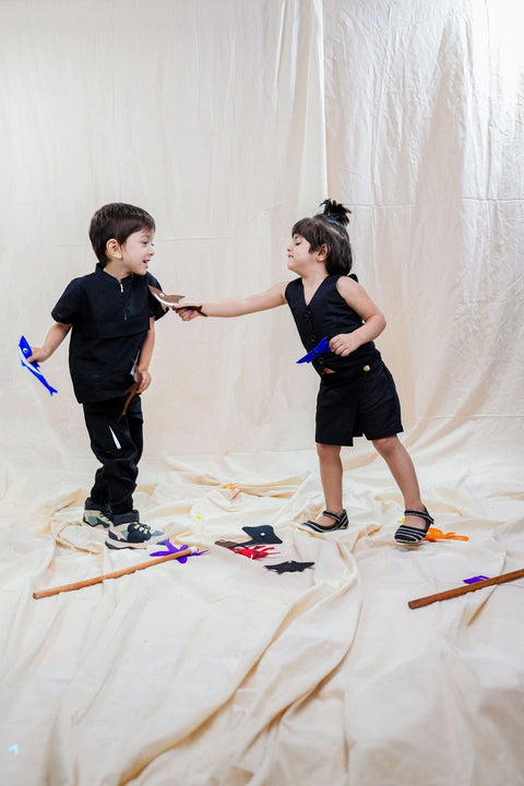 Pre-Order: Waist Coat with Skirt Styled Shorts - Black Colour, Cotton Linen
