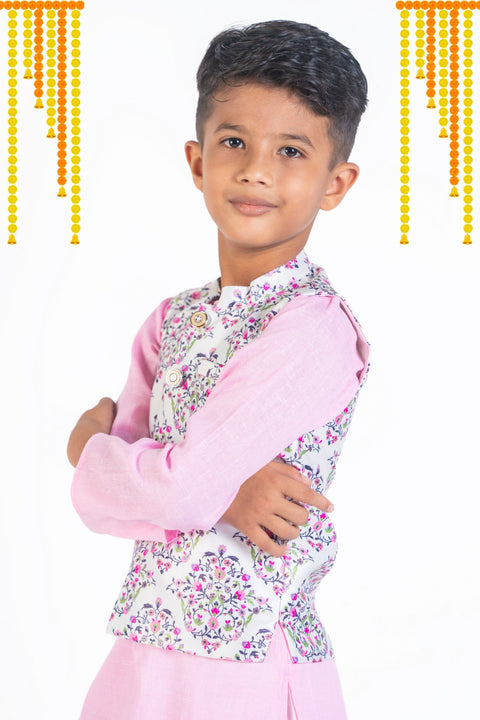 Pre-Order: Pink cotton kurta & straight pant with floral bandi