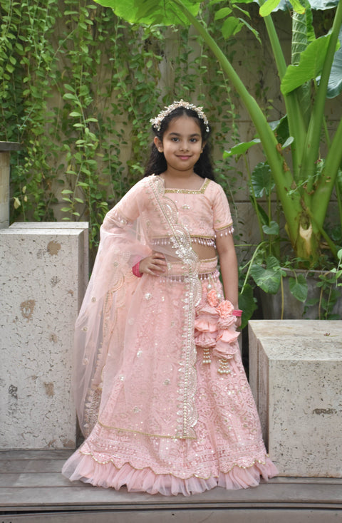 Pre-Order : Peach Thread Lehenga Set for Girls
