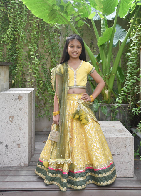 Pre-Order - Yellow Boti Choli with Lehenga and Dupatta Set for Girls