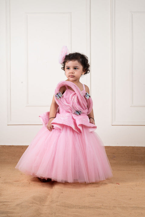 Pre-Order: Pink Sequins Draped Butterfly Gown