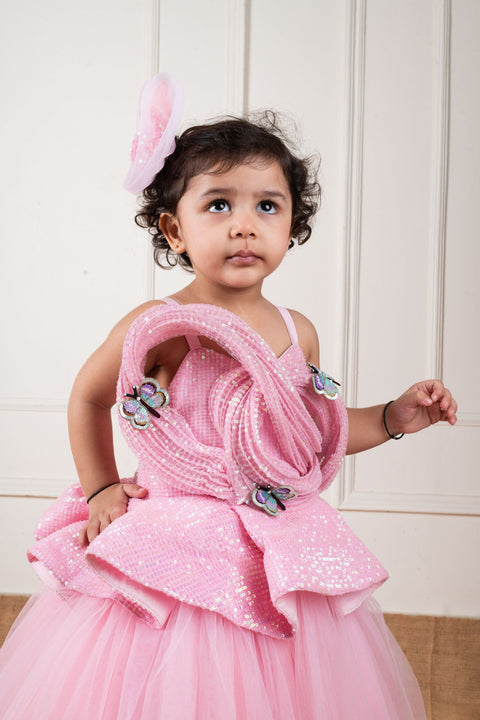 Pre-Order: Pink Sequins Draped Butterfly Gown