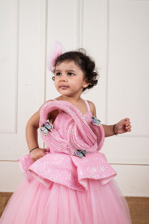 Pre-Order: Pink Sequins Draped Butterfly Gown