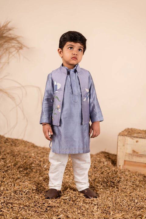 Pre-Order: Grey Flower Embroidered Set for Boys