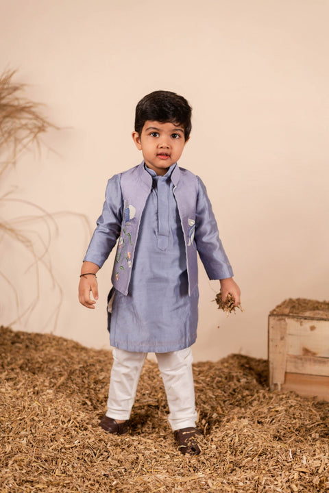 Pre-Order: Grey Flower Embroidered Set for Boys