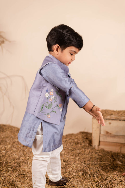 Pre-Order: Grey Flower Embroidered Set for Boys