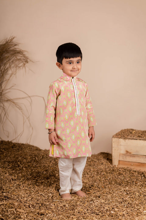 Pre-Order: Pink Green Ikkat Kurta Set