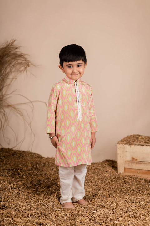 Pre-Order: Pink Green Ikkat Kurta Set