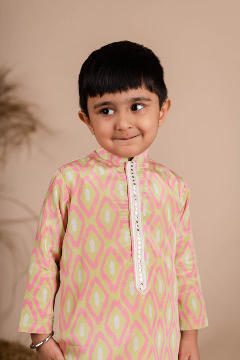 Pre-Order: Pink Green Ikkat Kurta Set