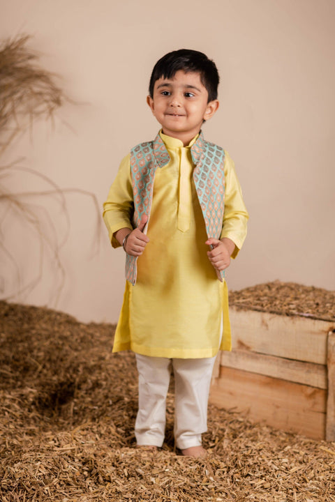 Pre-Order: Yellow Green Brocade Kurta Jacket Set