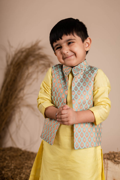 Pre-Order: Yellow Green Brocade Kurta Jacket Set